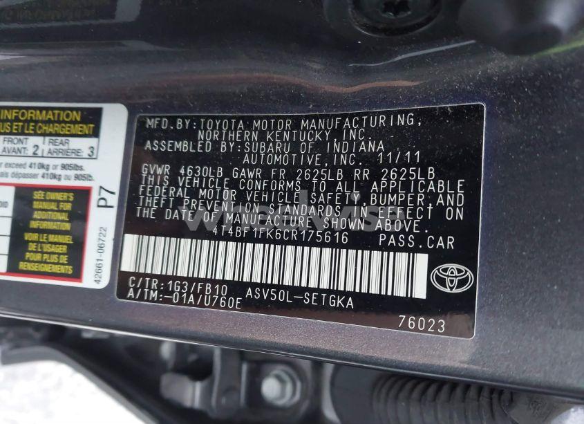 Photo 9 of 2012 Toyota Camry XLE (VIN 4T4BF1FK6CR175616)