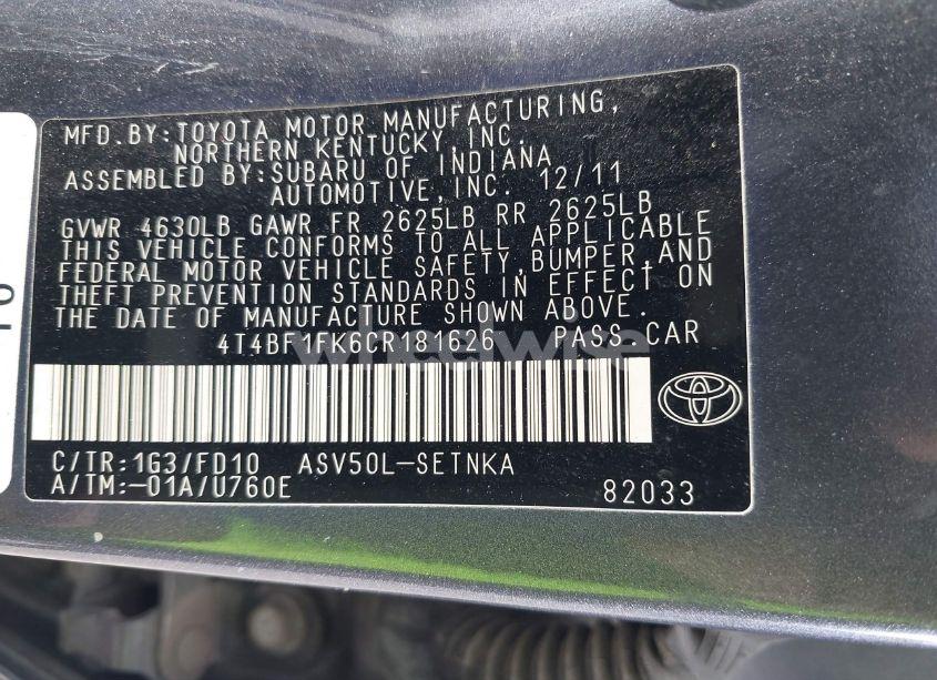 Photo 9 of 2012 Toyota Camry LE (VIN 4T4BF1FK6CR181626)