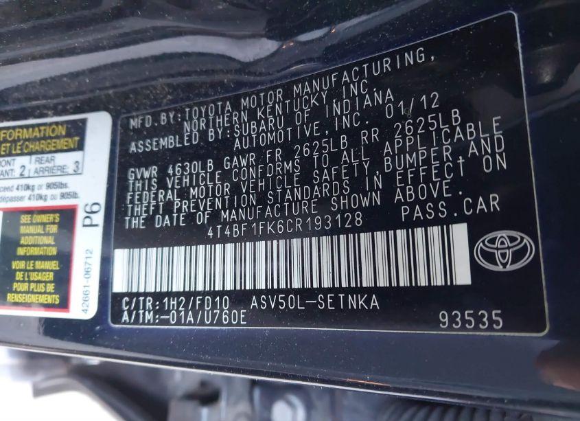 Photo 9 of 2012 Toyota Camry LE (VIN 4T4BF1FK6CR193128)