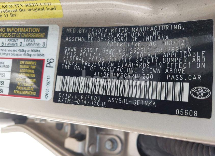 Photo 9 of 2012 Toyota Camry LE (VIN 4T4BF1FK6CR205200)