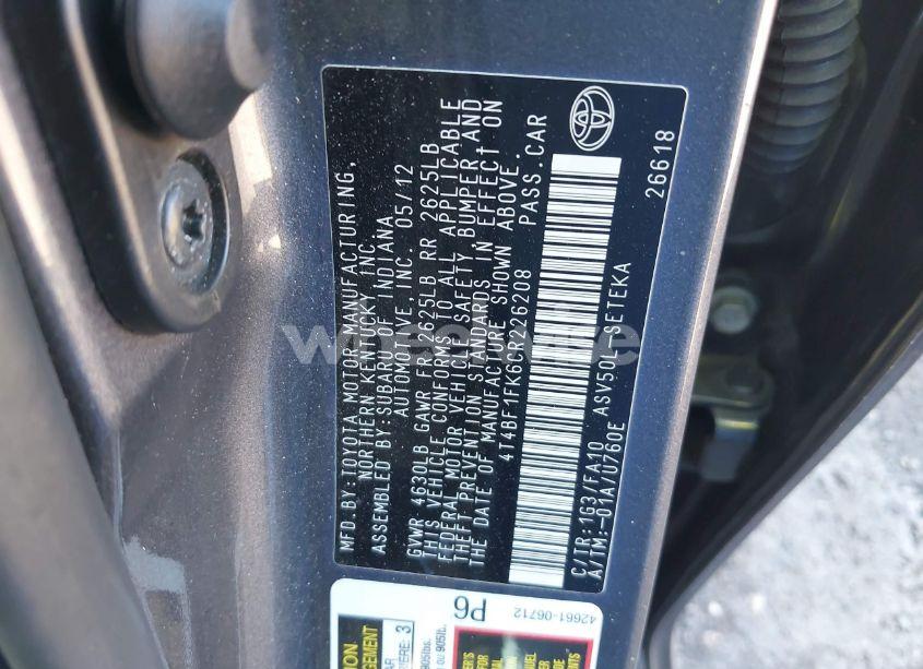 Photo 9 of 2012 Toyota Camry L (VIN 4T4BF1FK6CR226208)