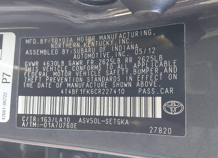 Photo 9 of 2012 Toyota Camry XLE (VIN 4T4BF1FK6CR227410)