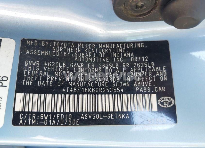 Photo 9 of 2012 Toyota Camry LE (VIN 4T4BF1FK6CR253554)