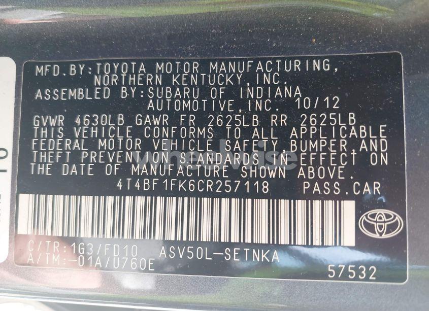 Photo 9 of 2012 Toyota Camry LE (VIN 4T4BF1FK6CR257118)