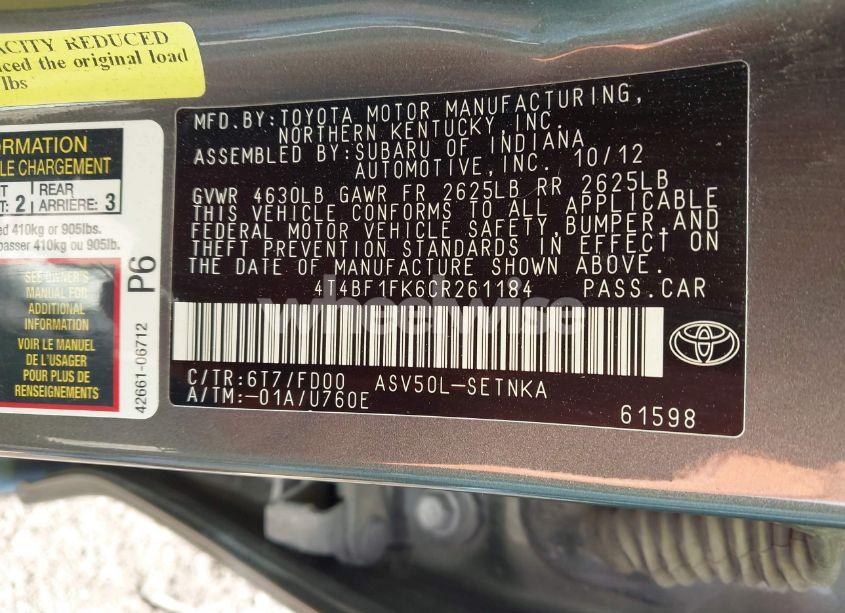 Photo 9 of 2012 Toyota Camry LE (VIN 4T4BF1FK6CR261184)