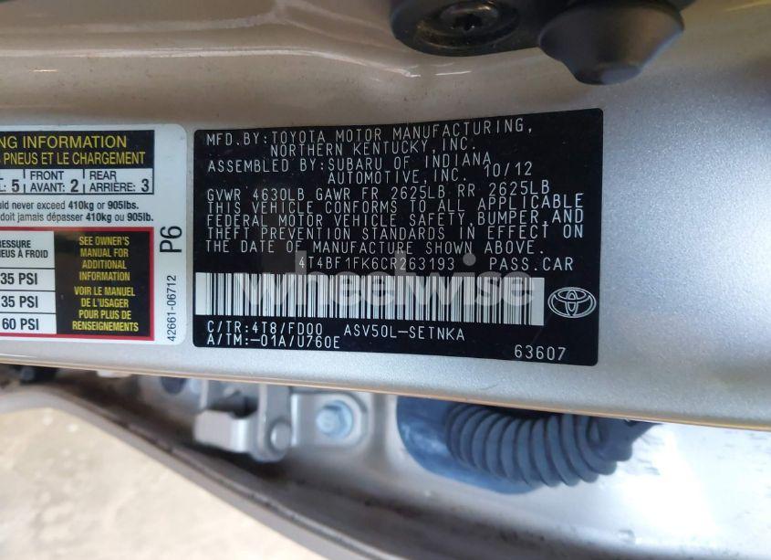 Photo 9 of 2012 Toyota Camry LE (VIN 4T4BF1FK6CR263193)