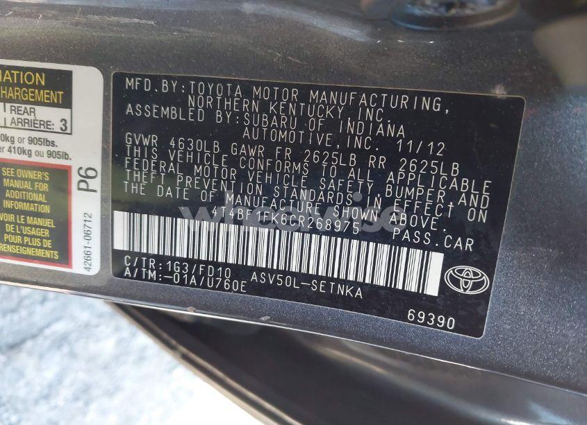 Photo 9 of 2012 Toyota Camry LE (VIN 4T4BF1FK6CR268975)