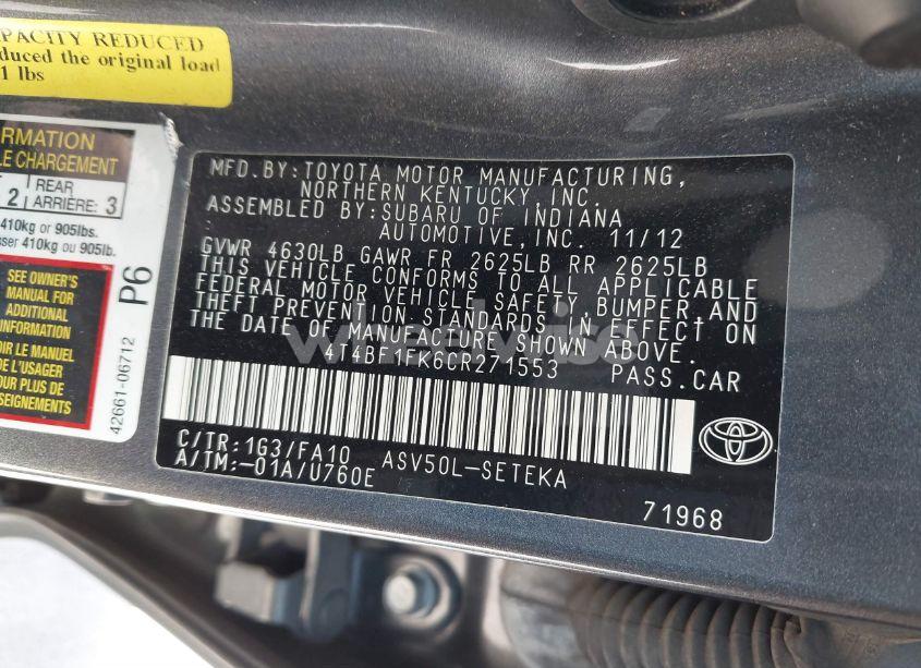 Photo 9 of 2012 Toyota Camry L (VIN 4T4BF1FK6CR271553)
