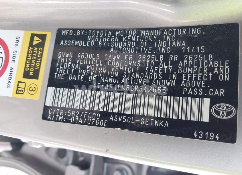 Photo 9 of 2016 Toyota Camry LE (VIN 4T4BF1FK6GR542665)