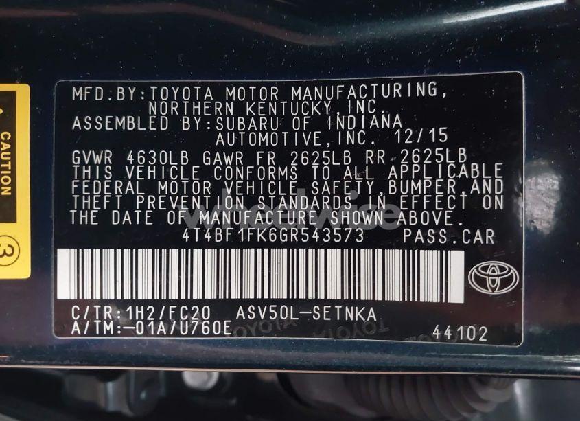 Photo 9 of 2016 Toyota Camry LE (VIN 4T4BF1FK6GR543573)