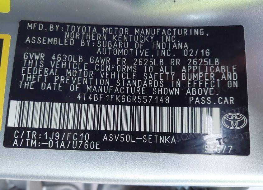 Photo 9 of 2016 Toyota Camry LE (VIN 4T4BF1FK6GR557148)