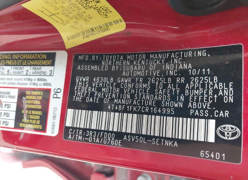 Photo 9 of 2012 Toyota Camry LE (VIN 4T4BF1FK7CR164995)