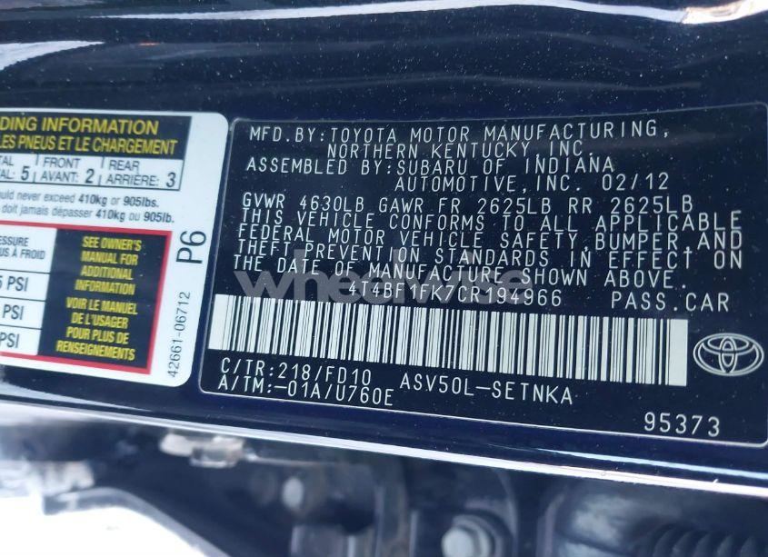 Photo 9 of 2012 Toyota Camry LE (VIN 4T4BF1FK7CR194966)