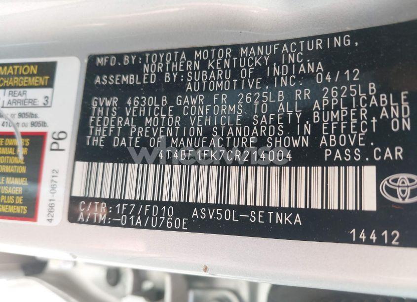 Photo 9 of 2012 Toyota Camry LE (VIN 4T4BF1FK7CR214004)