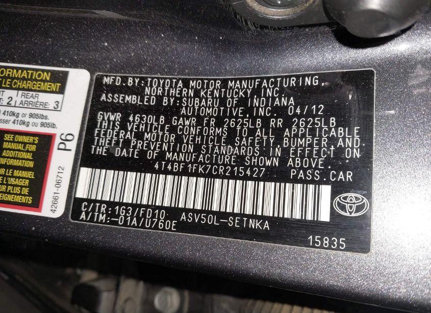 Photo 9 of 2012 Toyota Camry LE (VIN 4T4BF1FK7CR215427)