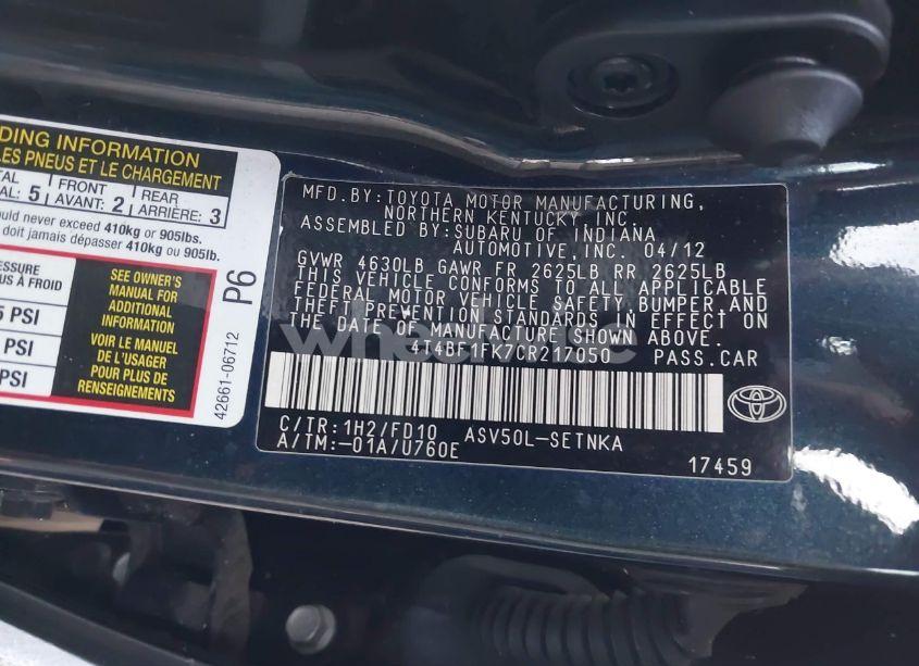 Photo 9 of 2012 Toyota Camry LE (VIN 4T4BF1FK7CR217050)