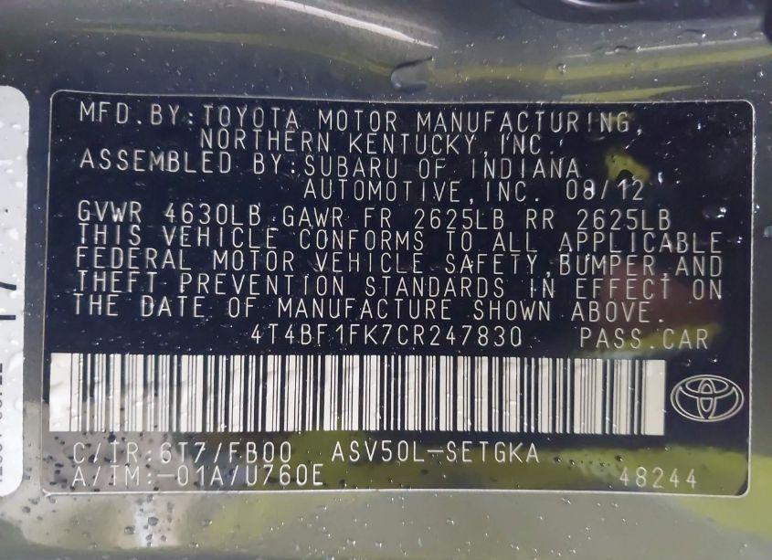 Photo 9 of 2012 Toyota Camry XLE (VIN 4T4BF1FK7CR247830)