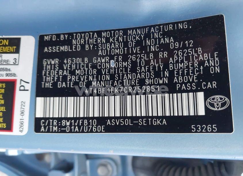 Photo 9 of 2012 Toyota Camry XLE (VIN 4T4BF1FK7CR252851)