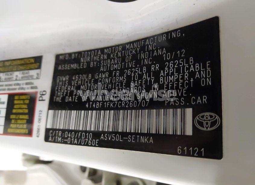 Photo 9 of 2012 Toyota Camry LE (VIN 4T4BF1FK7CR260707)