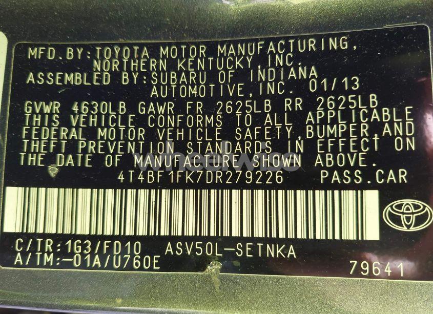 Photo 9 of 2013 Toyota Camry LE (VIN 4T4BF1FK7DR279226)