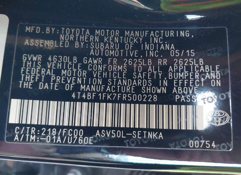 Photo 9 of 2015 Toyota Camry LE (VIN 4T4BF1FK7FR500228)