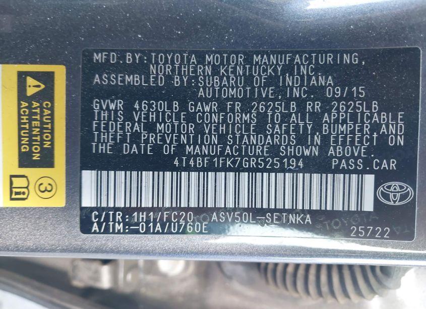 Photo 9 of 2016 Toyota Camry LE (VIN 4T4BF1FK7GR525194)