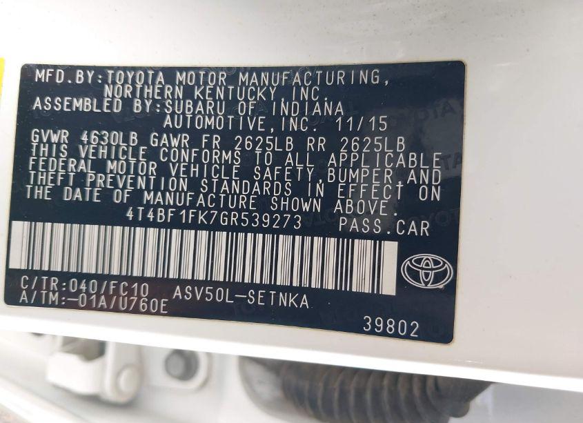 Photo 9 of 2016 Toyota Camry LE (VIN 4T4BF1FK7GR539273)