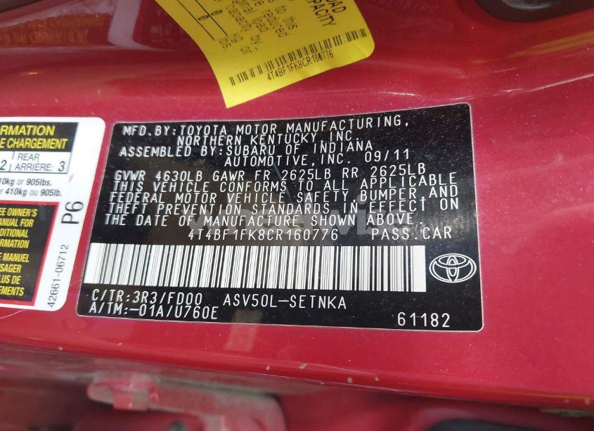 Photo 9 of 2012 Toyota Camry LE (VIN 4T4BF1FK8CR160776)