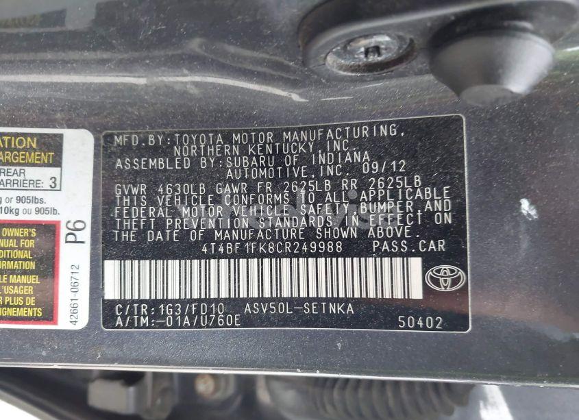 Photo 9 of 2012 Toyota Camry L/LE/SE/SE LIMITED EDITION/XLE (VIN 4T4BF1FK8CR249988)