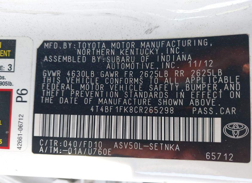 Photo 9 of 2012 Toyota Camry LE (VIN 4T4BF1FK8CR265298)