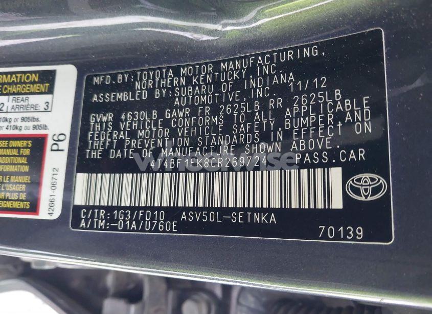 Photo 9 of 2012 Toyota Camry LE (VIN 4T4BF1FK8CR269724)