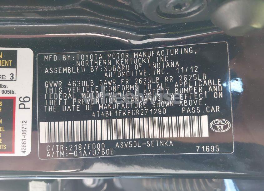 Photo 9 of 2012 Toyota Camry LE (VIN 4T4BF1FK8CR271280)