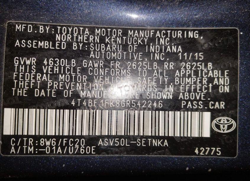 Photo 9 of 2016 Toyota Camry LE (VIN 4T4BF1FK8GR542246)