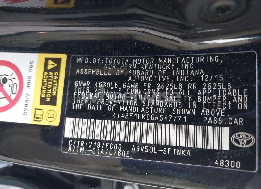 Photo 9 of 2016 Toyota Camry LE (VIN 4T4BF1FK8GR547771)