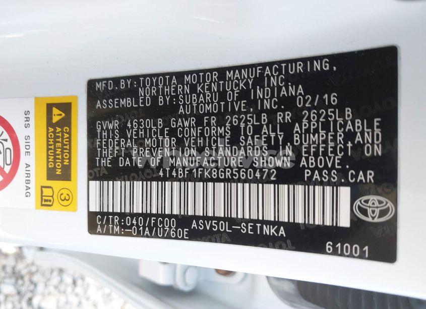 Photo 9 of 2016 Toyota Camry LE (VIN 4T4BF1FK8GR560472)