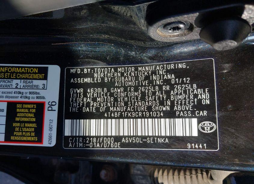 Photo 9 of 2012 Toyota Camry LE (VIN 4T4BF1FK9CR191034)