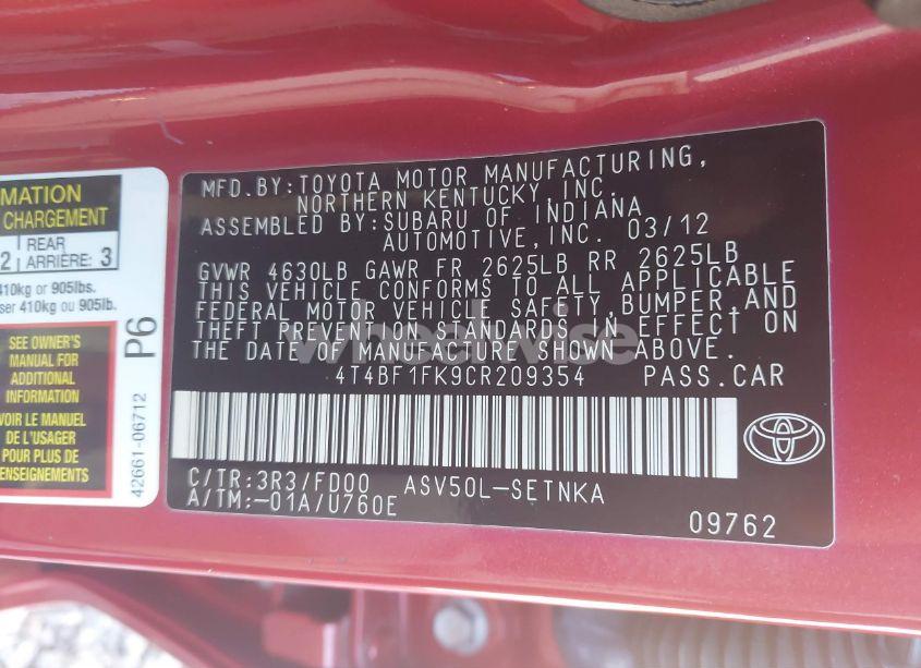 Photo 9 of 2012 Toyota Camry LE (VIN 4T4BF1FK9CR209354)