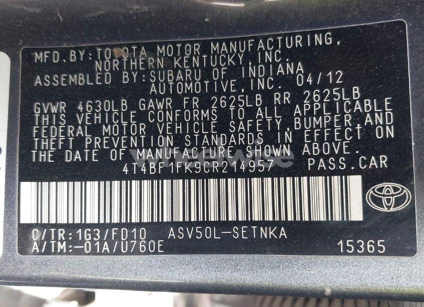 Photo 9 of 2012 Toyota Camry LE (VIN 4T4BF1FK9CR214957)