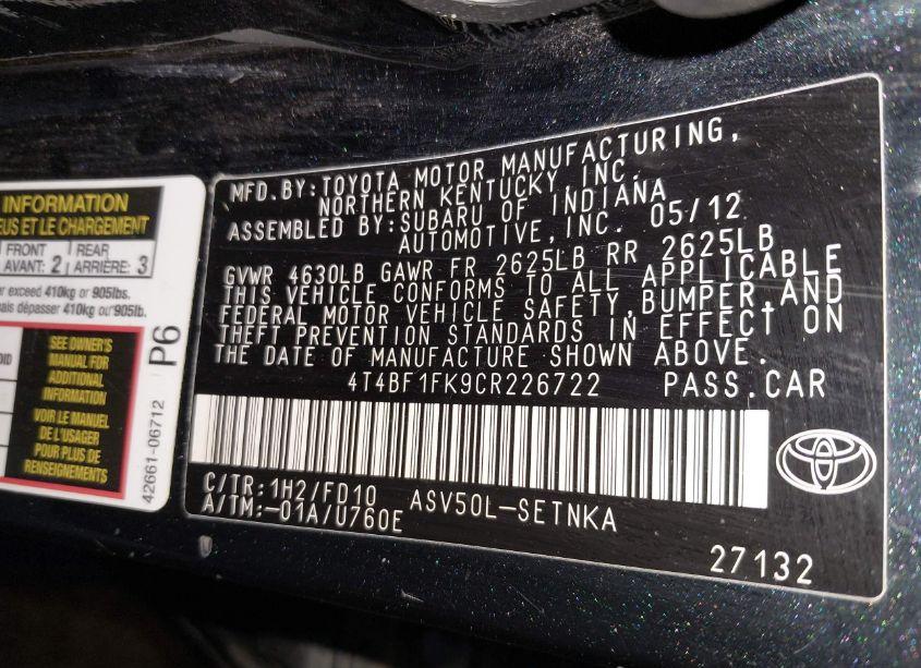 Photo 9 of 2012 Toyota Camry LE (VIN 4T4BF1FK9CR226722)