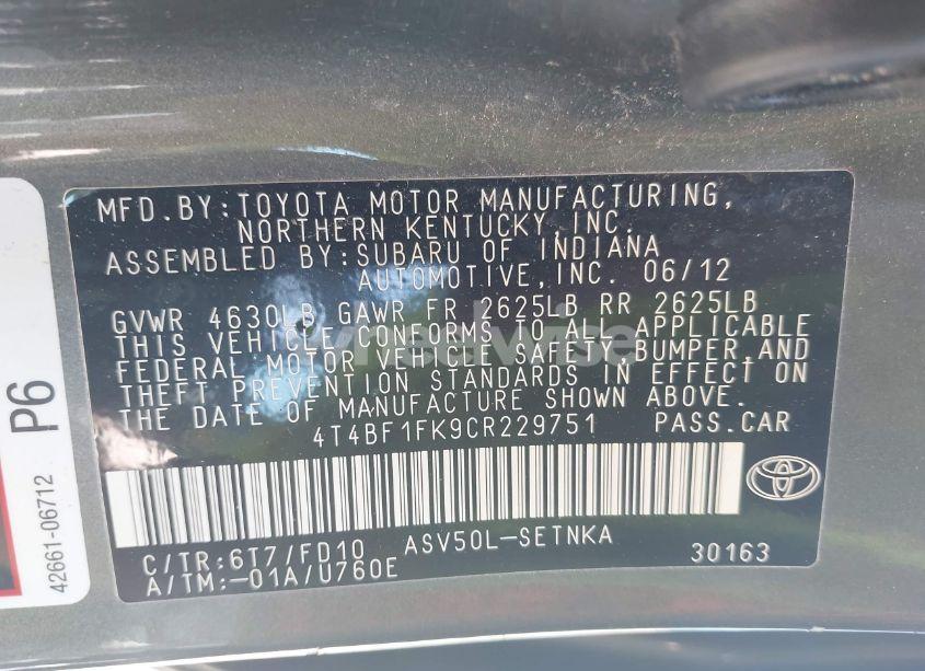 Photo 9 of 2012 Toyota Camry LE (VIN 4T4BF1FK9CR229751)