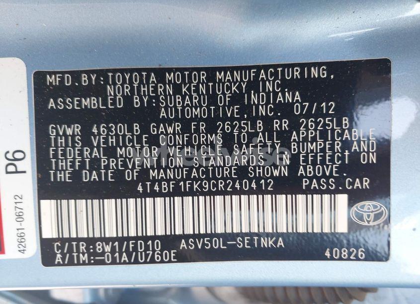 Photo 9 of 2012 Toyota Camry LE (VIN 4T4BF1FK9CR240412)