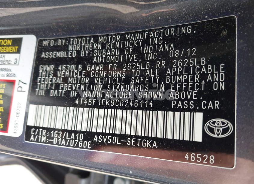 Photo 9 of 2012 Toyota Camry L/LE/SE/SE LIMITED EDITION/XLE (VIN 4T4BF1FK9CR246114)