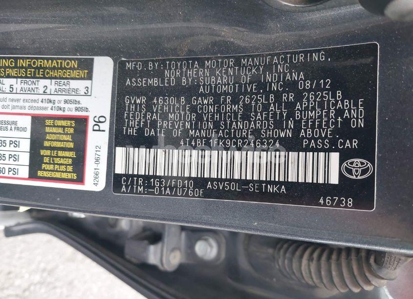 Photo 9 of 2012 Toyota Camry LE (VIN 4T4BF1FK9CR246324)