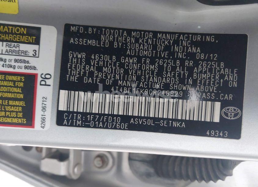 Photo 9 of 2012 Toyota Camry LE (VIN 4T4BF1FK9CR248929)