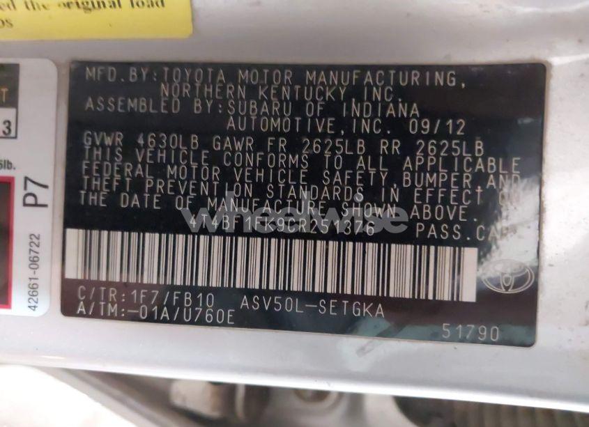 Photo 9 of 2012 Toyota Camry XLE (VIN 4T4BF1FK9CR251376)