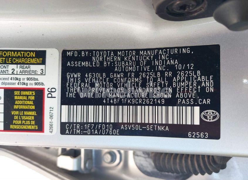 Photo 9 of 2012 Toyota Camry LE (VIN 4T4BF1FK9CR262149)
