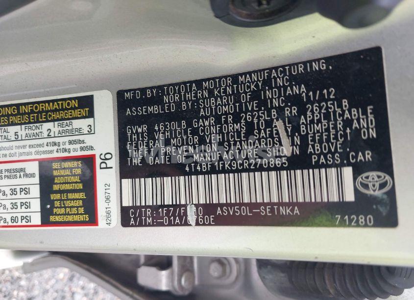 Photo 9 of 2012 Toyota Camry LE (VIN 4T4BF1FK9CR270865)