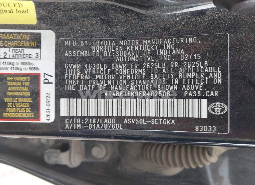 Photo 9 of 2015 Toyota Camry XLE (VIN 4T4BF1FK9FR482508)