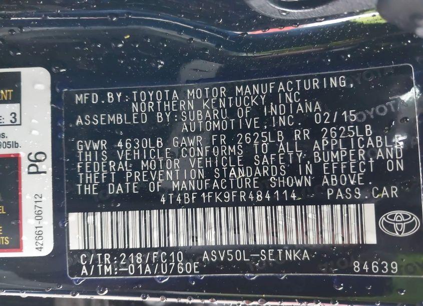 Photo 9 of 2015 Toyota Camry LE (VIN 4T4BF1FK9FR484114)