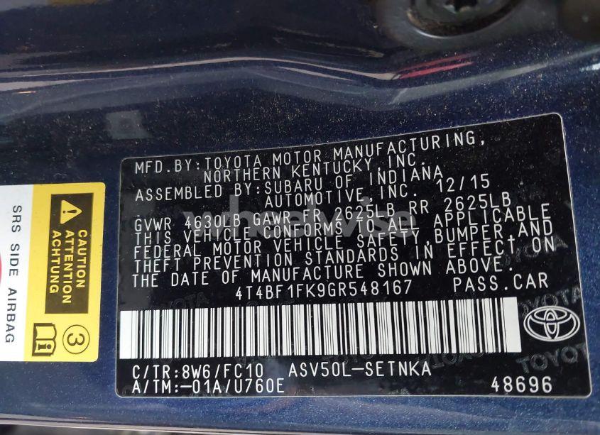 Photo 9 of 2016 Toyota Camry LE (VIN 4T4BF1FK9GR548167)